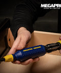Person using the 15-In-1 NAS Driver Kit With Patented Pullout Bit Cartridges, Durable Nylon/ABS Handle, Blue And Yellow, Easy Bit Change.