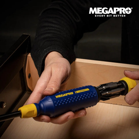 Person using the 15-In-1 NAS Driver Kit With Patented Pullout Bit Cartridges, Durable Nylon/ABS Handle, Blue And Yellow, Easy Bit Change.