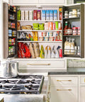 Organized kitchen cabinet with assorted snacks and Vintage Brass Cabinet Pulls 6 Pack 5.04 Inch Center To Center Drawer Handles.