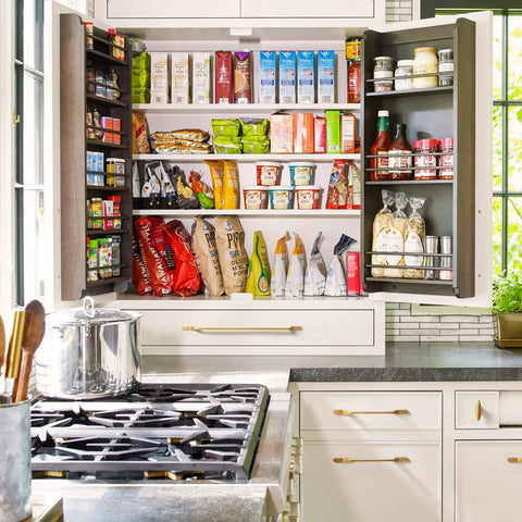 Organized kitchen cabinet with assorted snacks and Vintage Brass Cabinet Pulls 6 Pack 5.04 Inch Center To Center Drawer Handles.