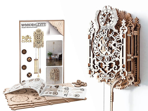 Royal Dope DIY Clock Kit 3D Puzzle With Mechanical Pendulum and Gears, Rococo style, coin operated, 121 laser cut birch pieces