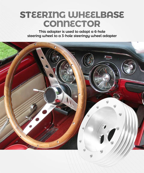 Slick Billet Aluminum Steering Wheel Adapter Hub Conversion Kit Plug And Play Six Hole To Three Bolt Polished Spacer installed in classic car steering.