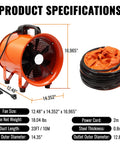 Upgraded 12 Inch Utility Blower Fan Portable Industrial Exhaust Fan with 33 Foot Flexible Duct Hose dimensions and specifications