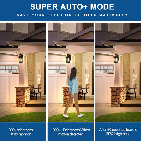 Motion Sensor Outdoor Porch Light With Dual GFCI Outlets Waterproof Wall Light in aluminum on porch, three lighting modes.