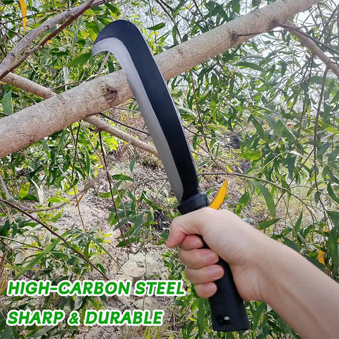 Person using Beastly Heavy Duty Yard Work Machete With Curve Blade For Cutting Trees And Brush Clearing Billhook Sickle Garden Tool