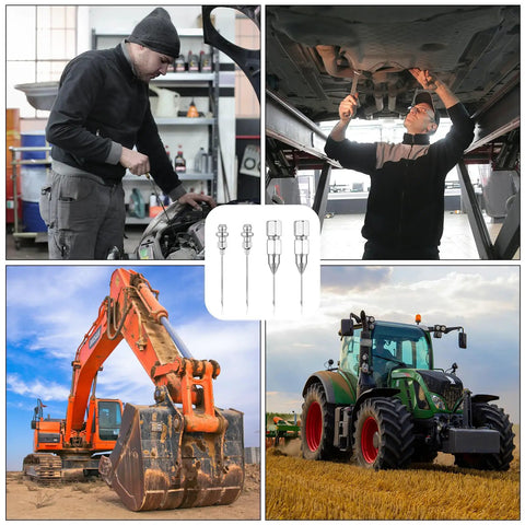 4 Piece Grease Gun Needle Nozzle Set For Tight Spaces And Deep Holes Detachable Grease Tip Adapters With 2 Injecting Needles And 2 Needle Fittings Handy Pro Grade Upgrade For Auto Bike Machinery Maintenance shown with vehicle and machinery applications.
