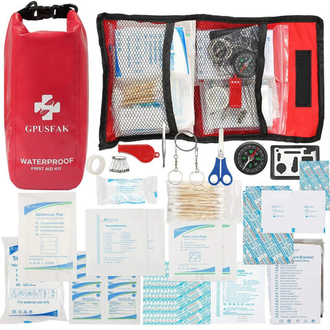 Boat Emergency Kit 110 Piece Waterproof First Aid Set Two in One Marine Safety Gear in a red waterproof bag with medical supplies displayed.