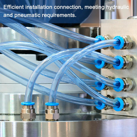 Two Pack Push To Connect Fittings One Quarter Inch NPT Female To Five Thirty Second Inch Tube OD Female Thread Straight Quick Connect Air Lines For Pneumatic Equipment White in use with blue tubing