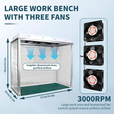 Triple Fan Laminar Flow Hood Boasts Hella Quiet Operation And Badass Aluminum Frame For A Sweet Clean Bench Experience Perfect For Phone Repair Or Lab Work Demanding Zero Dust And Killer Results with large workbench and three fans.