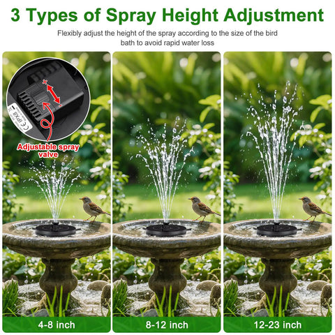 Solar Fountain Pump With 3 Spray Heights, Upgraded Glass Panels And Led Lights, 6 Nozzles, Ready To Use Outdoor Bird Bath Water Fountain For Garden Pond And Pool Black shown with adjustable spray height options.