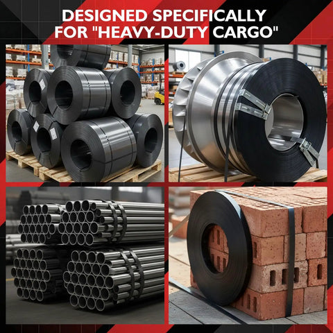Pro Grade 1/2 Inch Steel Strapping Kit 200 Feet Roll With 1100 Lb Break Strength strapping heavy-duty cargo and materials in storage.