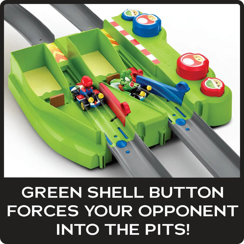 Hot Wheels Mario Kart Circuit Track Set With 2 Die Cast Vehicles shown in green pit lane feature with Mario and Yoshi karts