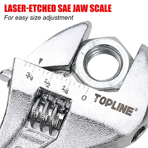 Close-up of adjustable wrench from Four-Piece Adjustable Wrench Set With Wide Handle For Maximum Comfort, showing laser-etched jaw scale.
