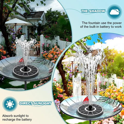 Solar Bird Bath Fountain Pump with 3.5W Glass Panel, White Panel Design, and 2000mAh Battery installed in a garden