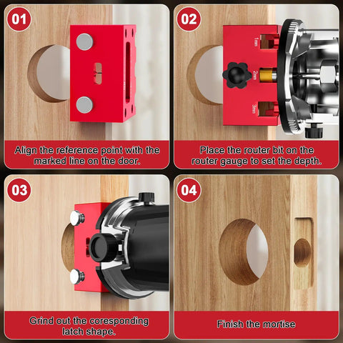 Heavy Duty 6061 Aluminum Door Lock Installation Kit With Router Compatible Door Latch Mortise Tool Jig Set steps for precise alignment and depth setting.