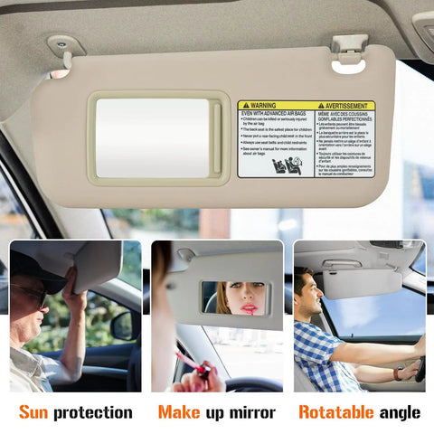Toyota RAV4 Left Driver Side Beige Sun Visor With Vanity Light Replacement for 2006-2013, shown in car with sunlight protection and mirror.