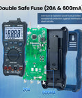 TRMS Digital Multimeter With NCV Auto Ranging VM600A 750V AC 1000V DC 20A Current Ohms Capacitance open view with fuses