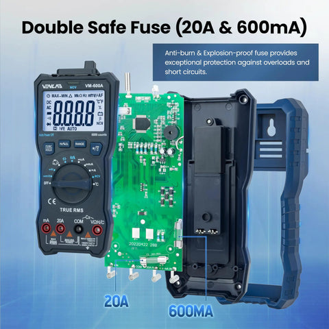 TRMS Digital Multimeter With NCV Auto Ranging VM600A 750V AC 1000V DC 20A Current Ohms Capacitance open view with fuses