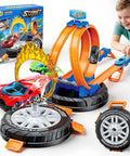 Rad Epic 360 Degree Loop Race Car Track Set with Fire Ring Stunt Includes Four One To Sixty Four Scale Cars, Kid Playing