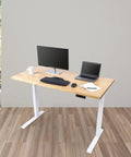 Slick Electric Standing Desk With Genuine Solid Wood Top And Easy Programmable Memory Controls Dual Motor Lift Mechanism, shown with computer monitors.
