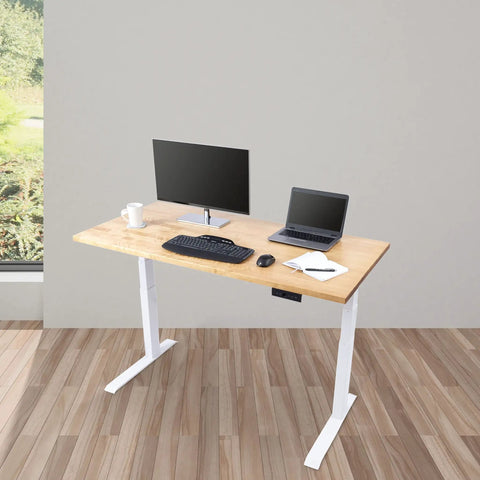 Slick Electric Standing Desk With Genuine Solid Wood Top And Easy Programmable Memory Controls Dual Motor Lift Mechanism, shown with computer monitors.
