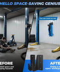 Before and after view of Heavy Duty Wall Mount Jack Stand Organizer Rack for Hydraulic Floor Jacks and Trailers installed in garage