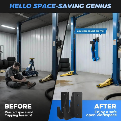 Before and after view of Heavy Duty Wall Mount Jack Stand Organizer Rack for Hydraulic Floor Jacks and Trailers installed in garage