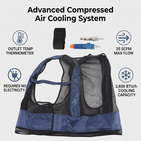 Air Compressed Cooling Vest For Industrial Crews Featuring Vortex Tube Tech Adjustable Cotton Oxford Workwear To Keep It Chill In Scorching Welding Sites Without Electricity Or Chemical Refrigerants On Site, showcasing cooling system details.
