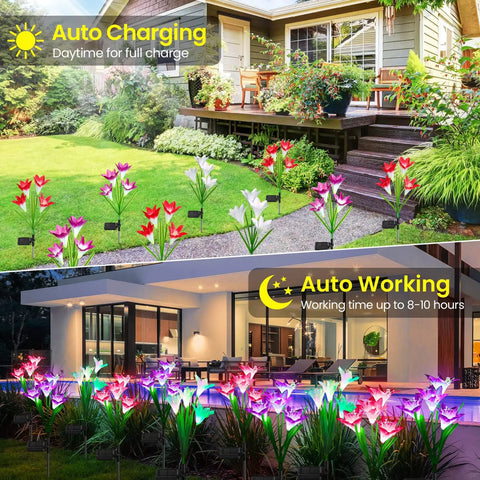 4 Pack Outdoor Solar Lights With Bigger Lily Flower Designs, Waterproof 7 Color Changing LEDs illuminating garden and patio