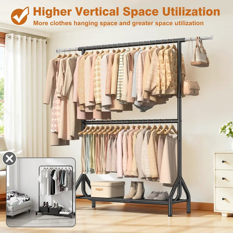 Built Like A Boss Double Rod Clothing Rack In Matte Black Steel, Handles Up To 622 Lbs Dead Flat With Zero Flex, Tall Garment Rack With Roomy Storage Shelves For Your Whole Closet Setup Today