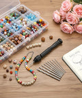 Top Shelf 31 Piece Micro Drill Bit Set With Ergonomic Pin Vise For Tiny Holes In Jewelry Wood Resin And Modeling Projects, displayed with beads and notebook.