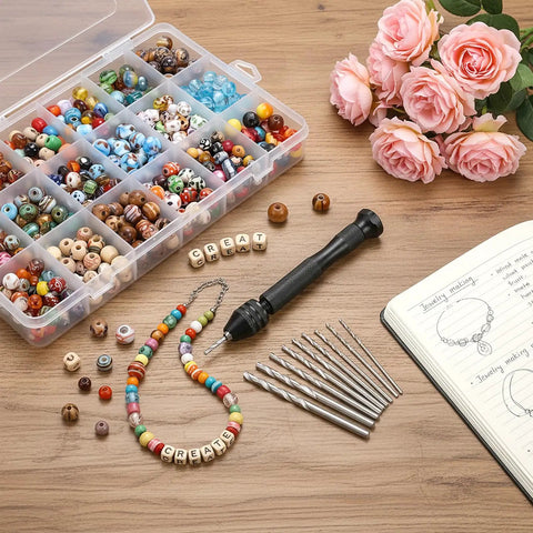 Top Shelf 31 Piece Micro Drill Bit Set With Ergonomic Pin Vise For Tiny Holes In Jewelry Wood Resin And Modeling Projects, displayed with beads and notebook.