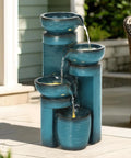 Cool 19.3 Inch Outdoor Water Fountain With LED Lights Four Tier Cascading Water Feature For Garden Patio Yard Or Porch Polyresin Faux Ceramic Pedestal Pump Included