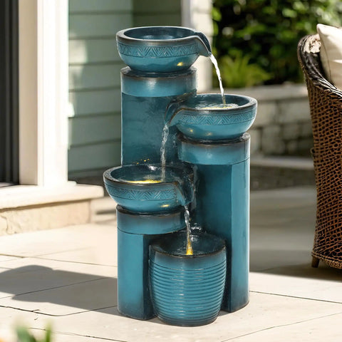 Cool 19.3 Inch Outdoor Water Fountain With LED Lights Four Tier Cascading Water Feature For Garden Patio Yard Or Porch Polyresin Faux Ceramic Pedestal Pump Included