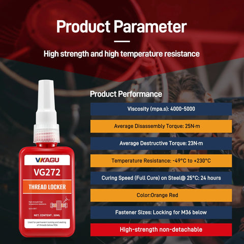 Front view of VIKAGU VG272 thread locker bottle, 50 ml, orange-red container with white precision nozzle
