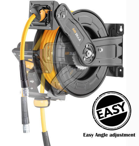Premium Steel Retractable Air Hose Reel With Dual Arm Three Eighths Inch By Sixty Five Feet Hybrid Polymer Hose Heavy Duty Auto Rewind Reel Quick Coupler Durable Double Sided Frame, wall-mounted view.