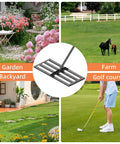 Heavy Duty Stainless Steel Lawn Leveling Rake 30 Inch By 10 Inch Yard Tool shown on lawns, garden, farm, and golf course.