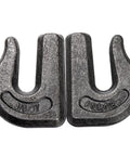 Close-up of two 3/8 inch G70 forged weld-on grab hooks from Six Pack Weld On Grab Hooks Three Eighths Inch Tow Chain Hooks G70 Forged Clevis Weldable Hooks For Tractor Buckets Trailers And Rigging Heavy Duty Lifting And Pulling On Farm Or Shop 6600 Lb Working Load Limit