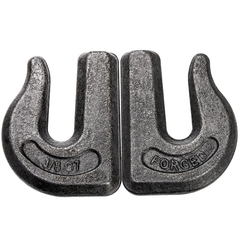 Close-up of two 3/8 inch G70 forged weld-on grab hooks from Six Pack Weld On Grab Hooks Three Eighths Inch Tow Chain Hooks G70 Forged Clevis Weldable Hooks For Tractor Buckets Trailers And Rigging Heavy Duty Lifting And Pulling On Farm Or Shop 6600 Lb Working Load Limit