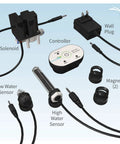 Image of Smart Water Level Sensor Auto Fill Controller For Aquariums And RO Systems Humidifiers Keeps Your Tank Topped Up Automatically With No Mess Easy Plug And Play Auto Refill System showing components: controller, solenoid, sensors, plugs, and magnets.