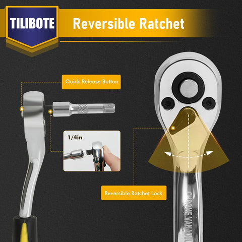 62 Piece One Quarter Inch Drive Ratchet Wrench Set With 72 Tooth Ratchet SAE And Metric, close-up of reversible ratchet