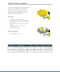 Yellow Wall Mounted Emergency Eyewash Station With Dual Spray Heads And Hands Free Activation 15 Minute Flush Traditional Series Safety Eyewash for Industrial Lab And Workplace Environments shown in product sheet with specifications and certifications.