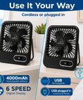 Slick Portable Cruise Fan With Tight Grip Magnetic Mount For Cabin Walls Or Ceiling, 4000 Mah Battery, Usb Rechargeable, Five Adjustable Speeds, Smart Timer And Clean White Noise, showing cordless and plugged in options.