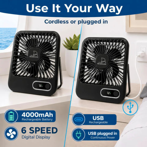 Slick Portable Cruise Fan With Tight Grip Magnetic Mount For Cabin Walls Or Ceiling, 4000 Mah Battery, Usb Rechargeable, Five Adjustable Speeds, Smart Timer And Clean White Noise, showing cordless and plugged in options.