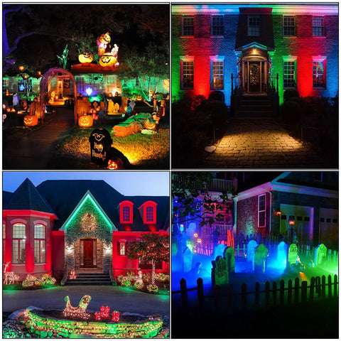 Four images of homes decorated with Low Voltage RGBW Landscape Lights With Connectors 12 Pack 10W Color Changing.