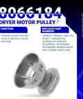 Dryer Motor Pulley for Whirlpool Maytag Kenmore Dryers, model 8066184, shown on blue graphic background.