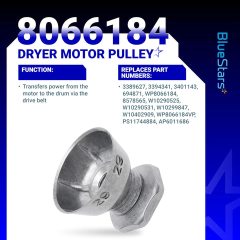Dryer Motor Pulley for Whirlpool Maytag Kenmore Dryers, model 8066184, shown on blue graphic background.