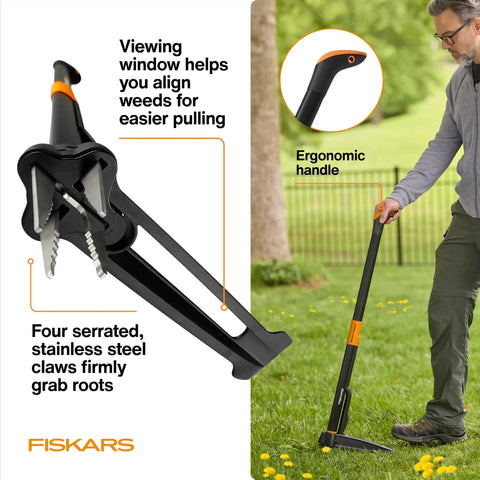 Stand-Up Weed Puller Tool With 4 Serrated Claws, Reinforced Foot Platform, 39 Inch Reach in use on grass