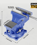 Heavy Duty 6 Inch Bench Vise Clamp With 150mm Jaw, Table Top Desktop Clamp, 360 Degree Swivel Base And Anvil For Your Home Woodshop And DIY Projects Today, shown with measurements and weight details.