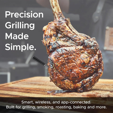 Long Range Wireless Meat Thermometer For Smoker And Grill With Dual Probes, 750ft Bluetooth Reach, shown in use with roasted meat